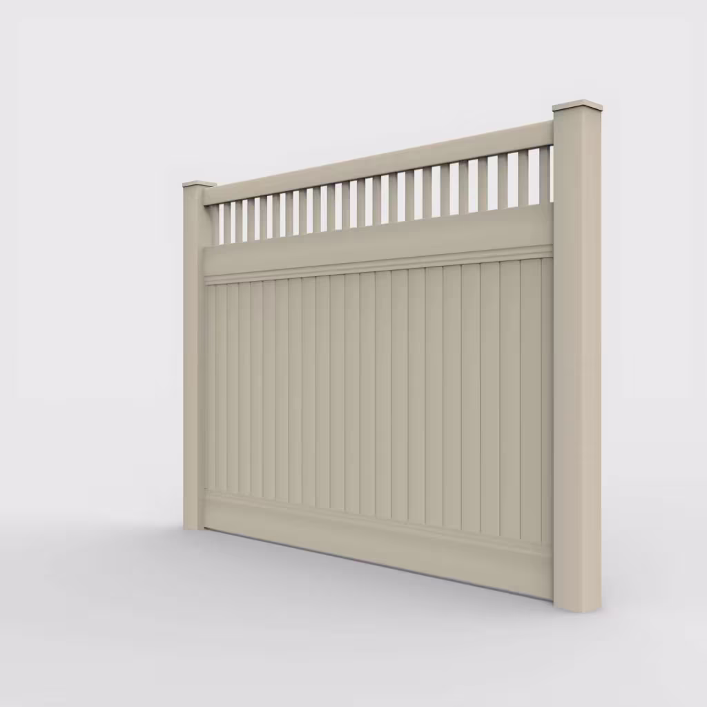Tan vertical privacy with picket vertical top 6 ft fence, left-side view