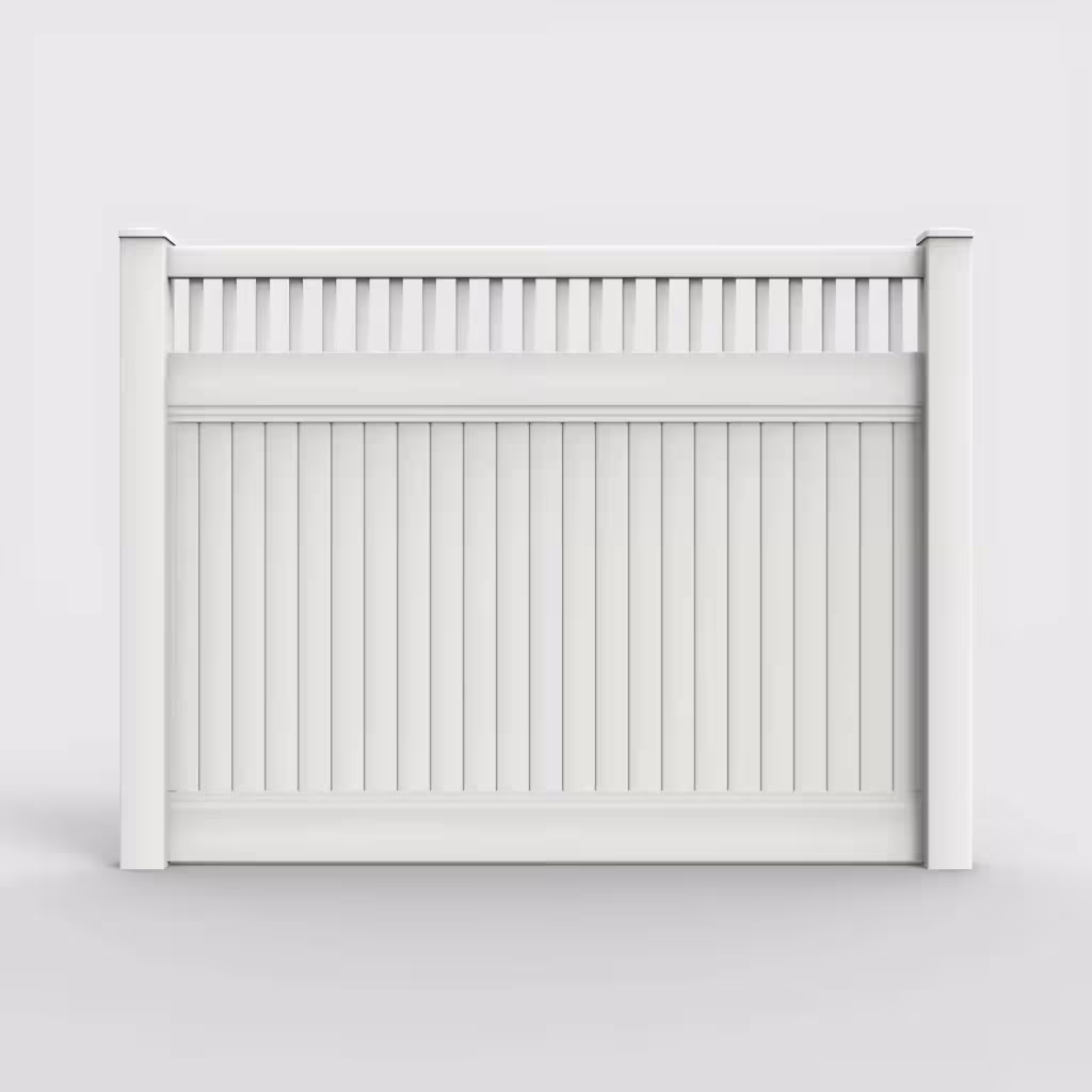 White vertical privacy with picket vertical top 6 ft fence, front view