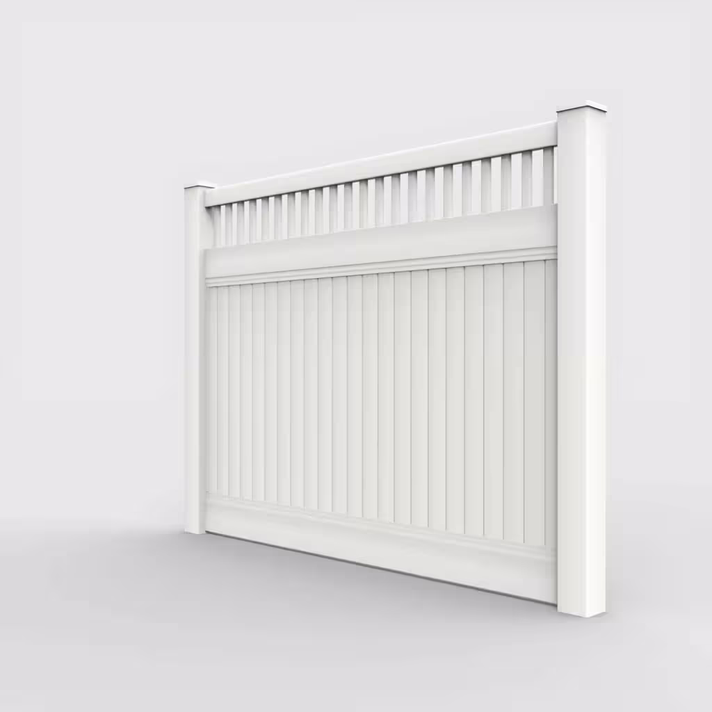 White vertical privacy with picket vertical top 6 ft fence, left-side view