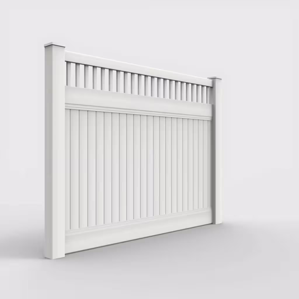 White vertical privacy with picket vertical top 6 ft fence, right-side view