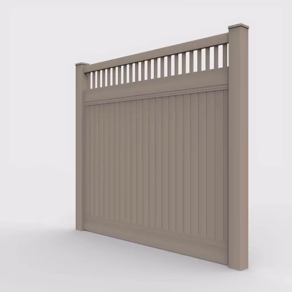 Clay vertical privacy with picket vertical top 7 ft fence, left-side view