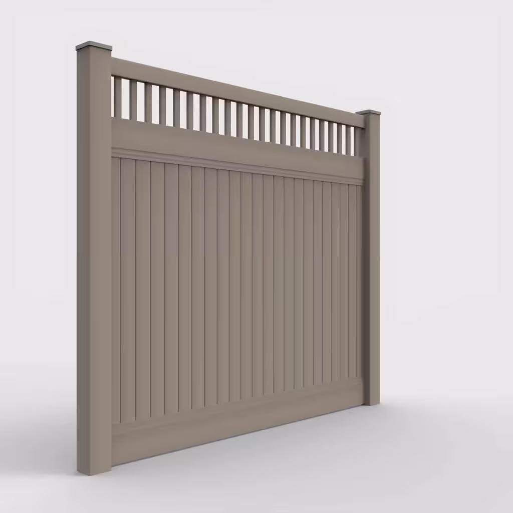 Clay vertical privacy with picket vertical top 7 ft fence, right-side view