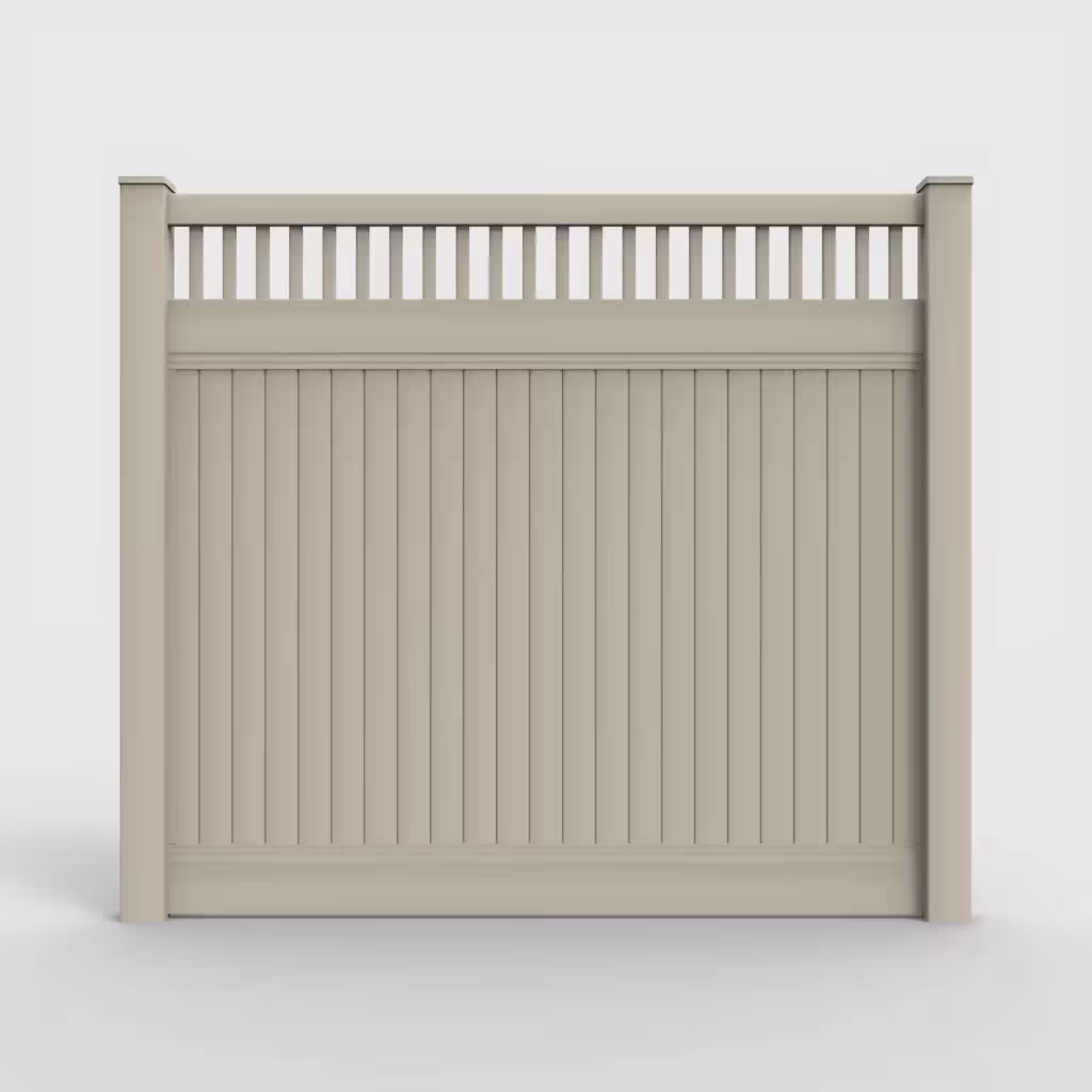 Tan vertical privacy with picket vertical top 7 ft fence, front view