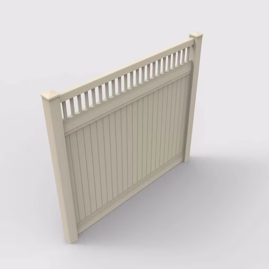 Tan vertical privacy with picket vertical top 7 ft fence, isometric view