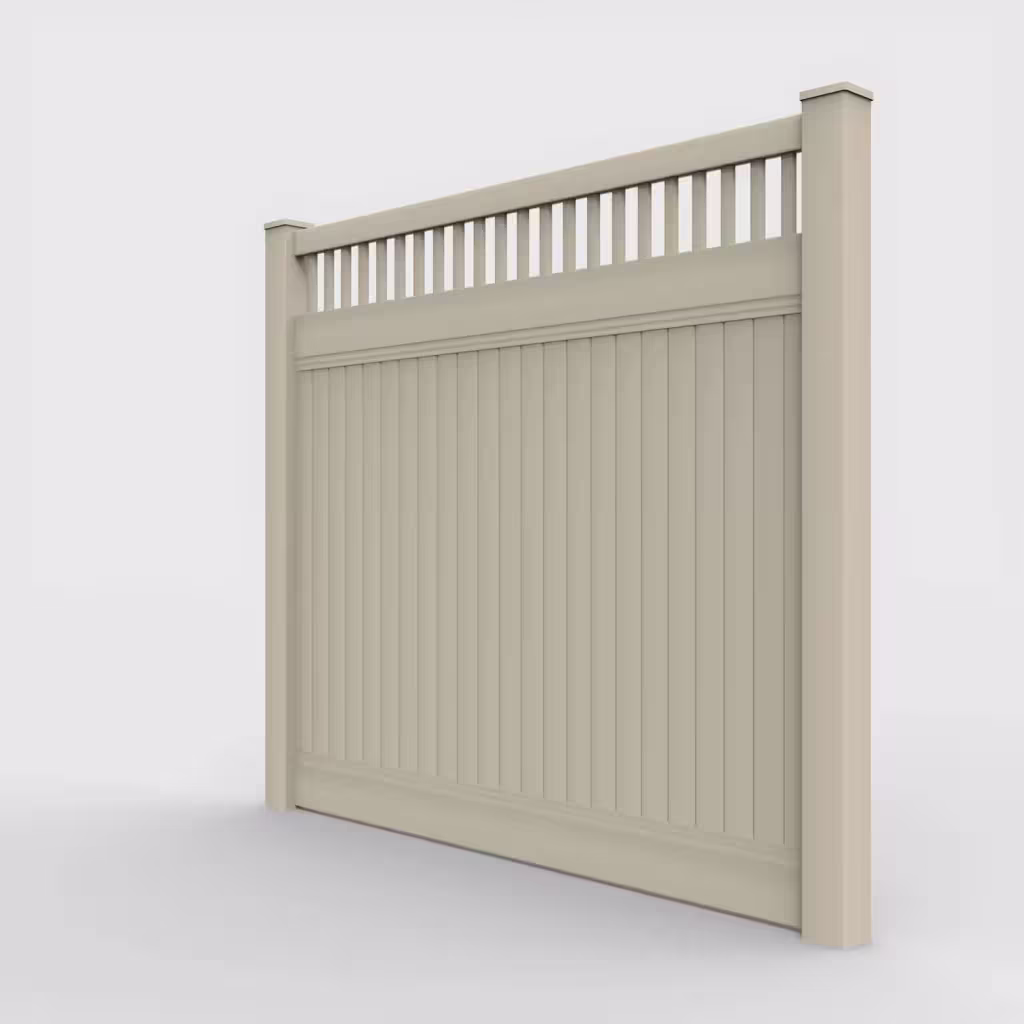 Tan vertical privacy with picket vertical top 7 ft fence, left-side view
