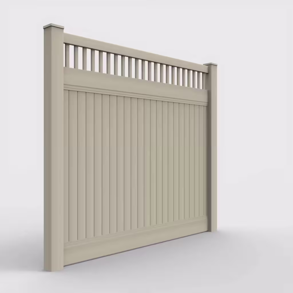 Tan vertical privacy with picket vertical top 7 ft fence, right-side view