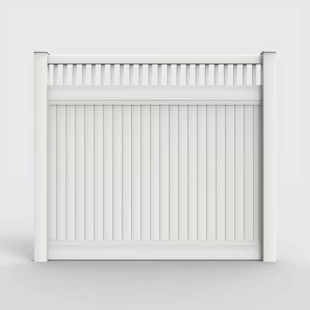 White vertical privacy with picket vertical top 7 ft fence, front view