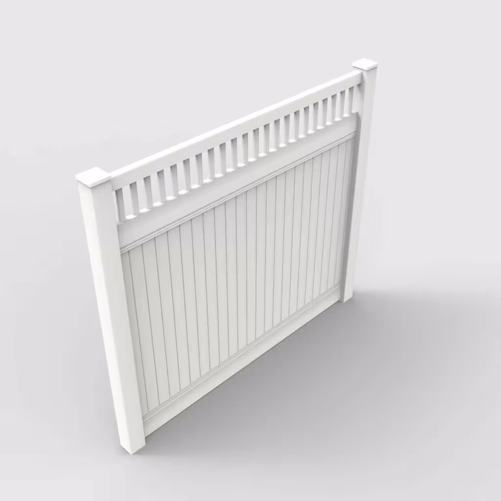 White vertical privacy with picket vertical top 7 ft fence, isometric view