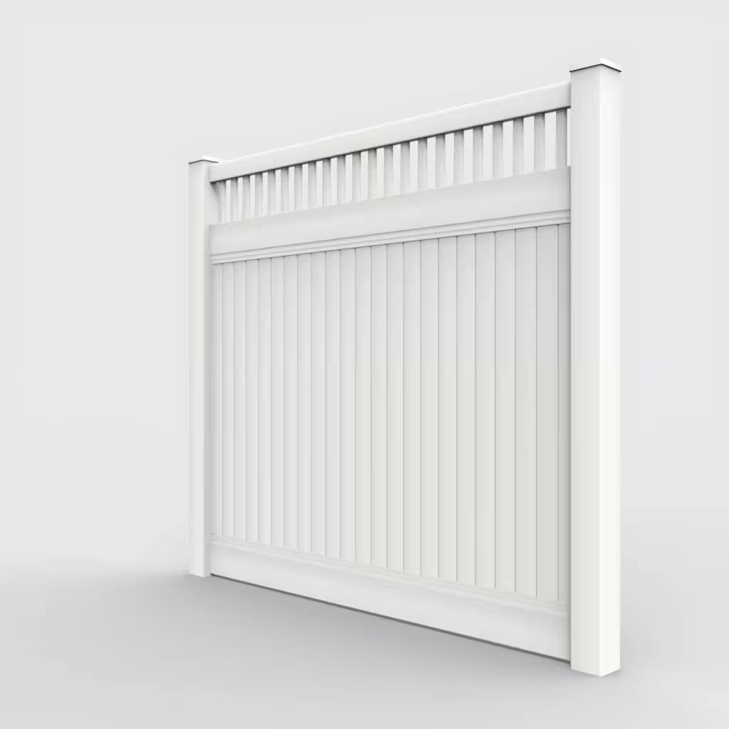 White vertical privacy with picket vertical top 7 ft fence, left-side view