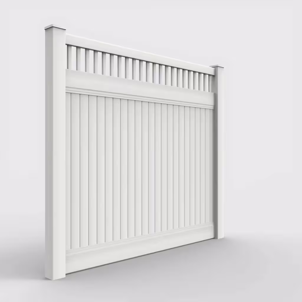 White vertical privacy with picket vertical top 7 ft fence, right-side view