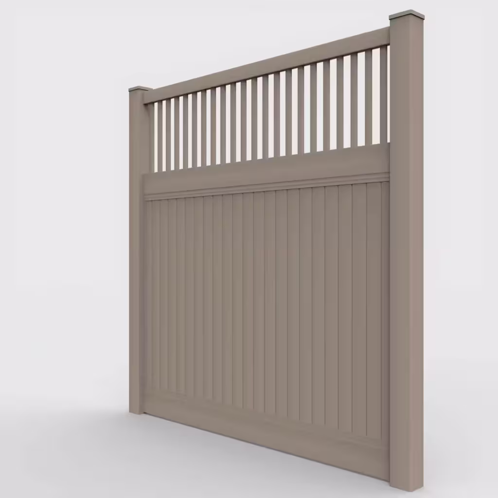Clay vertical privacy with picket vertical top 8 ft fence, left-side view