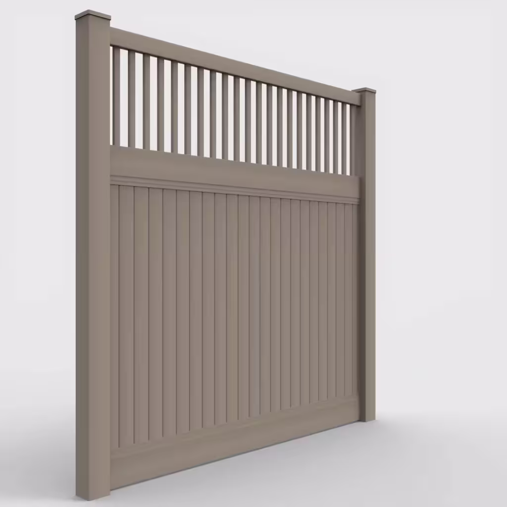 Clay vertical privacy with picket vertical top 8 ft fence, right-side view