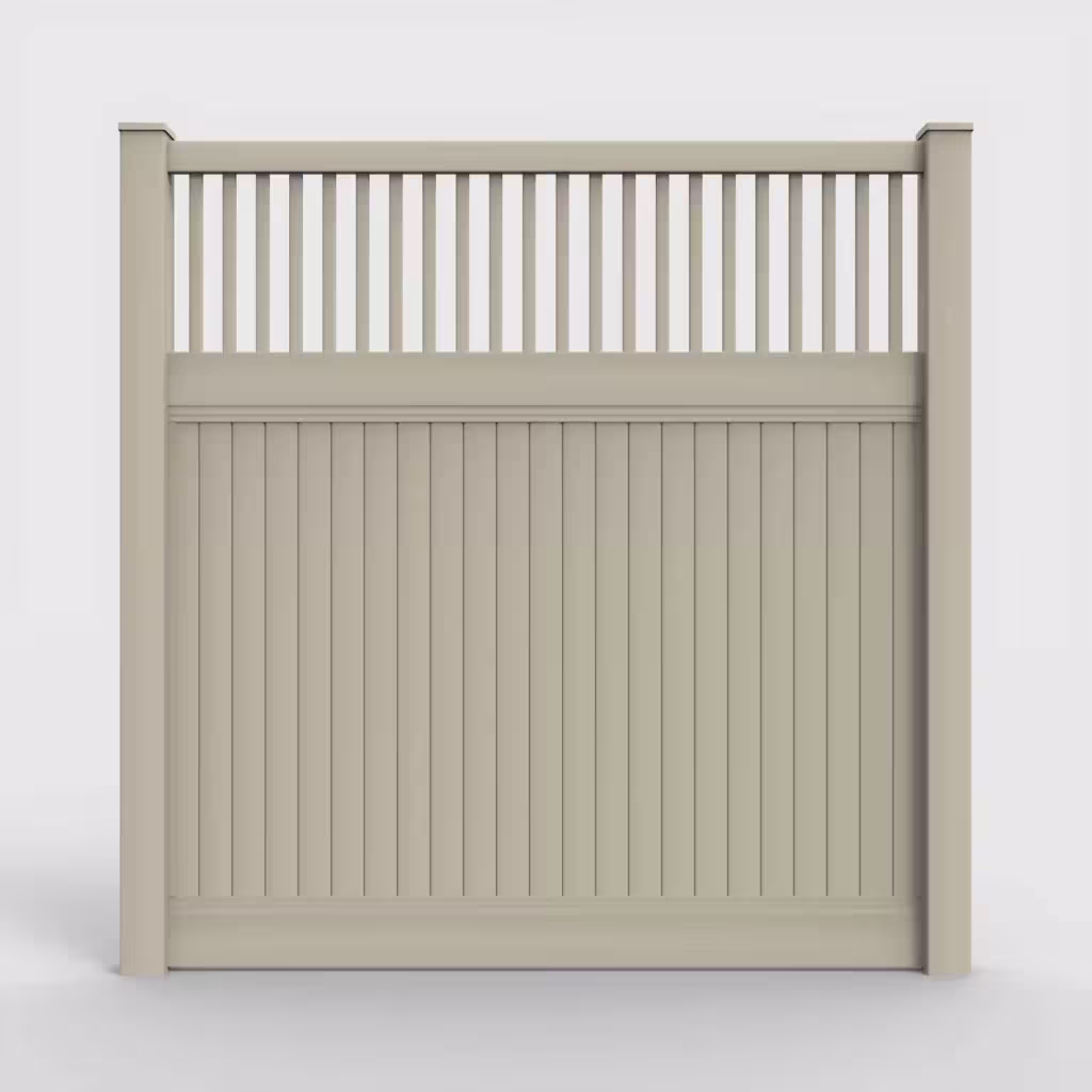 Tan vertical privacy with picket vertical top 8 ft fence, front view