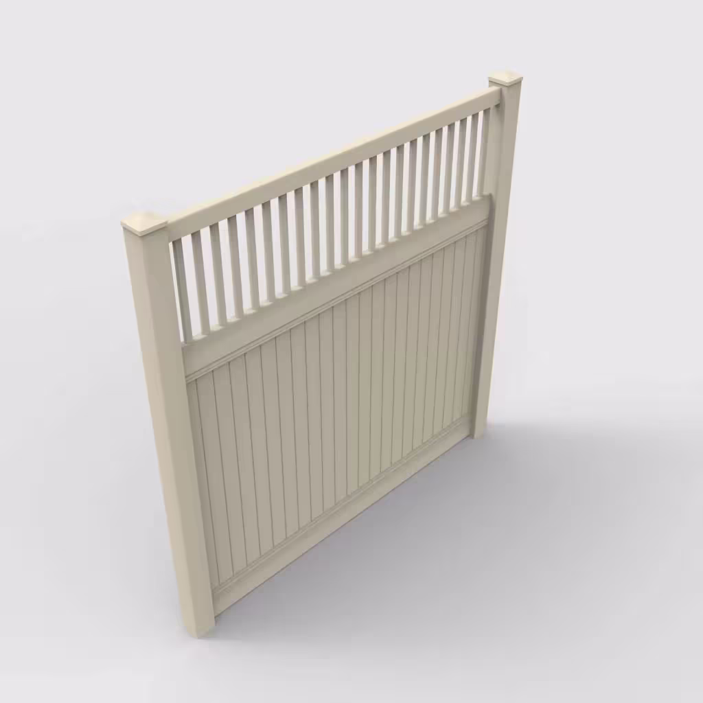 Tan vertical privacy with picket vertical top 8 ft fence, isometric view