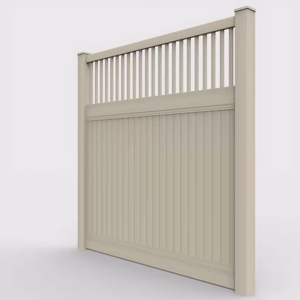 Tan vertical privacy with picket vertical top 8 ft fence, left-side view