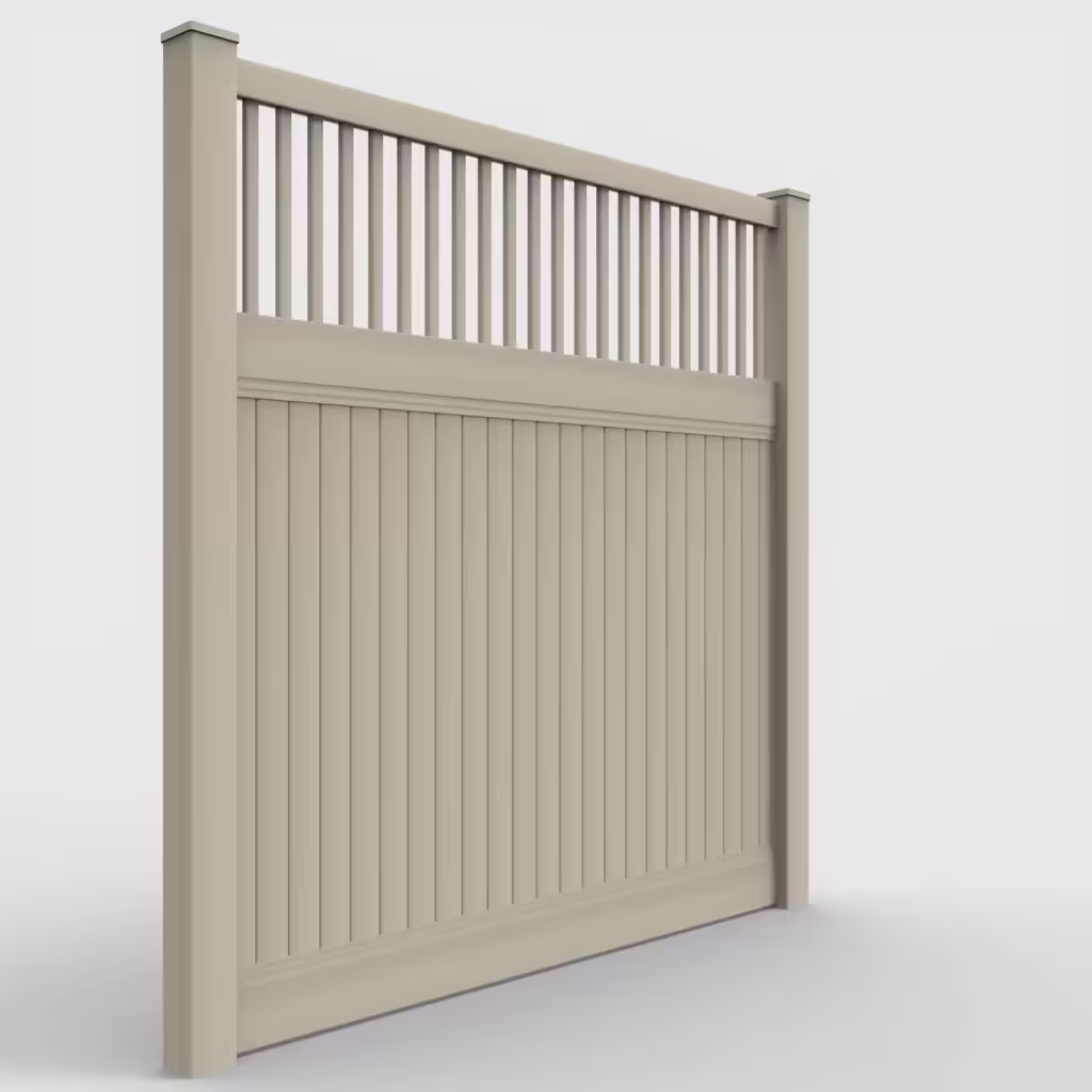 Tan vertical privacy with picket vertical top 8 ft fence, right-side view