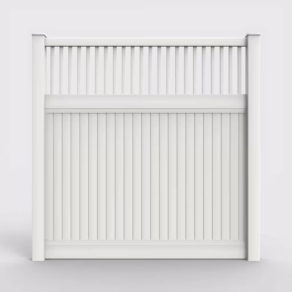 White vertical privacy with picket vertical top 8 ft fence, front view