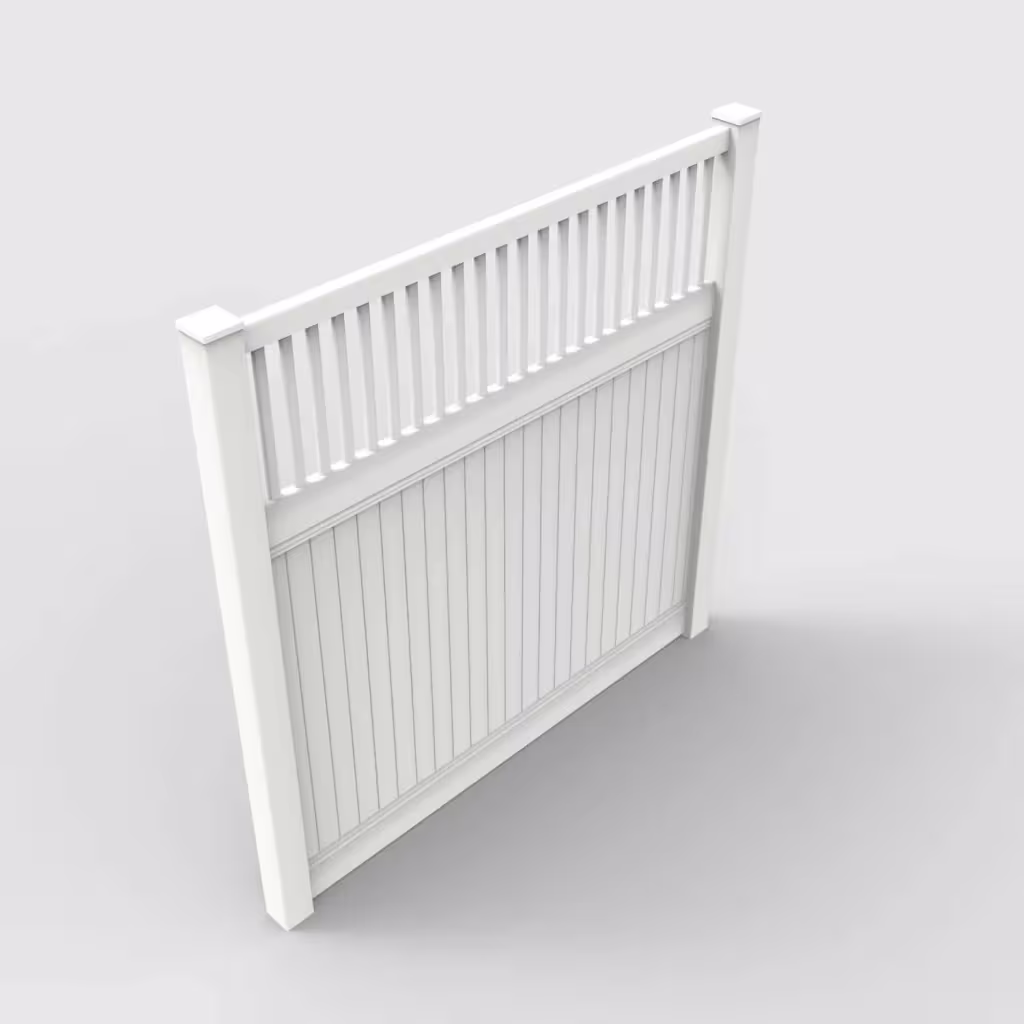 White vertical privacy with picket vertical top 8 ft fence, isometric view