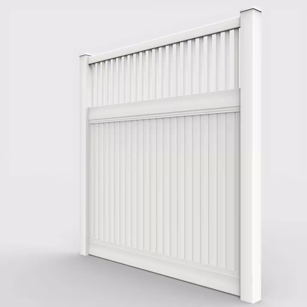 White vertical privacy with picket vertical top 8 ft fence, left-side view
