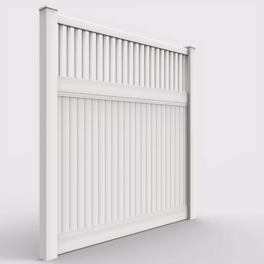 White vertical privacy with picket vertical top 8 ft fence, right-side view