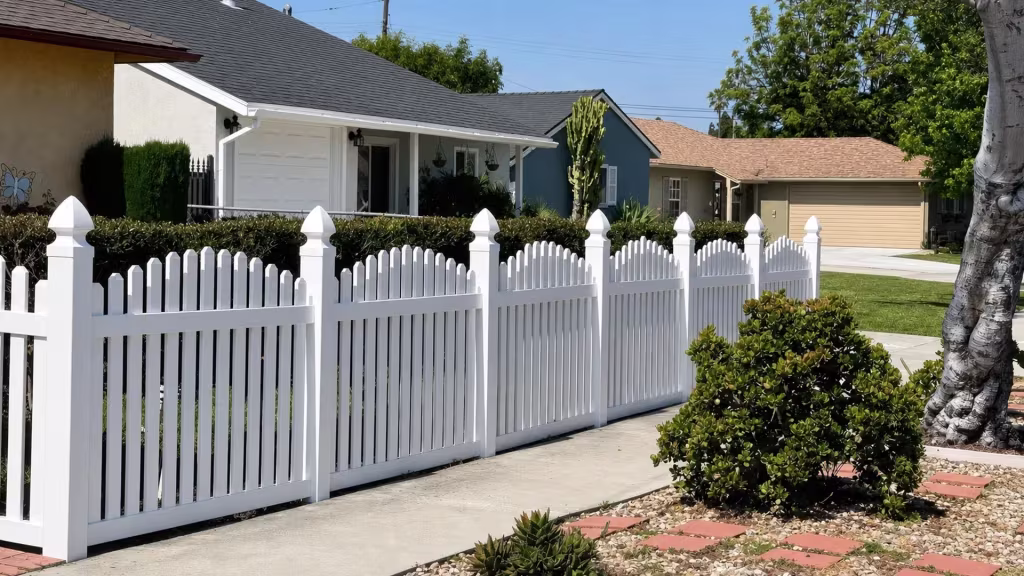 Cactus and gravel replace lawn along the driveway edge traced by White vinyl arched picket fence