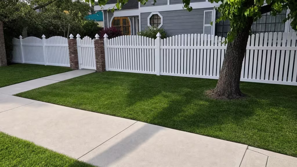 Brick entry columns and a mature tree canopy shelter this White vinyl arched picket fence near the walk