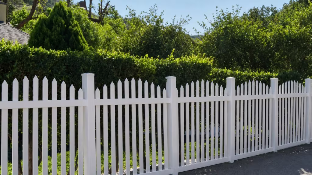 Dense hedge and mixed trees rise behind this White vinyl arched picket fence next to a paved area