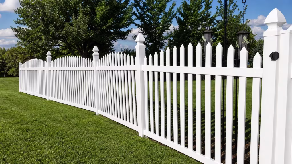 White vinyl arched picket fence turning a backyard corner in front of an existing wood fence