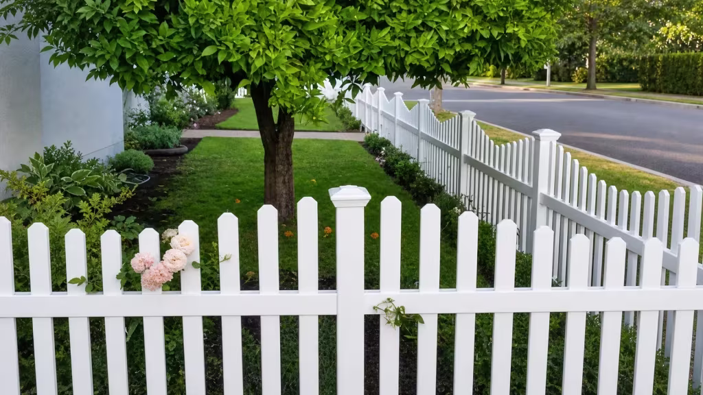 Rose beds and lawn border a White vinyl arched picket fence set beside the front walkway