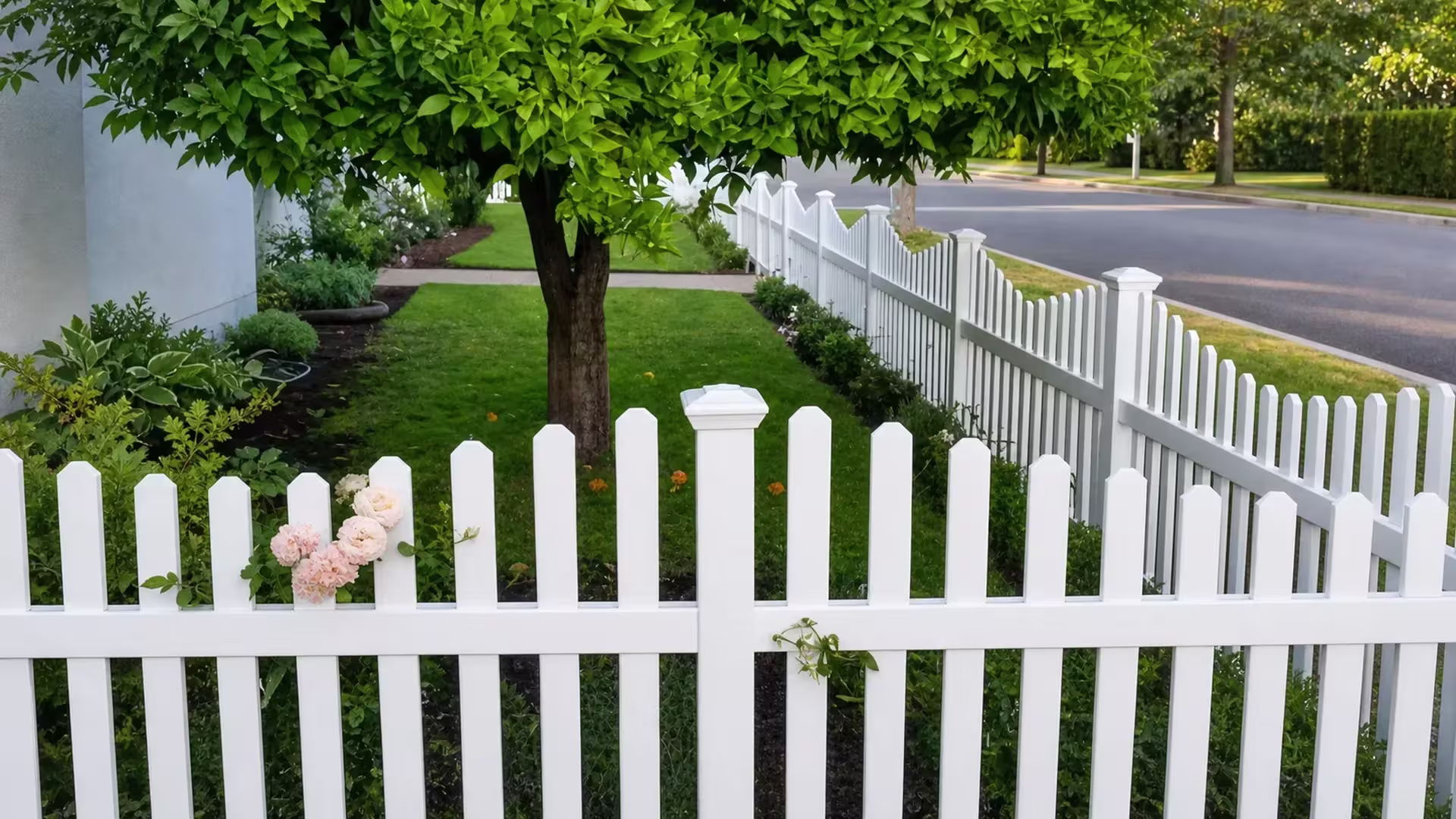Rose beds and lawn border a White vinyl arched picket fence set beside the front walkway