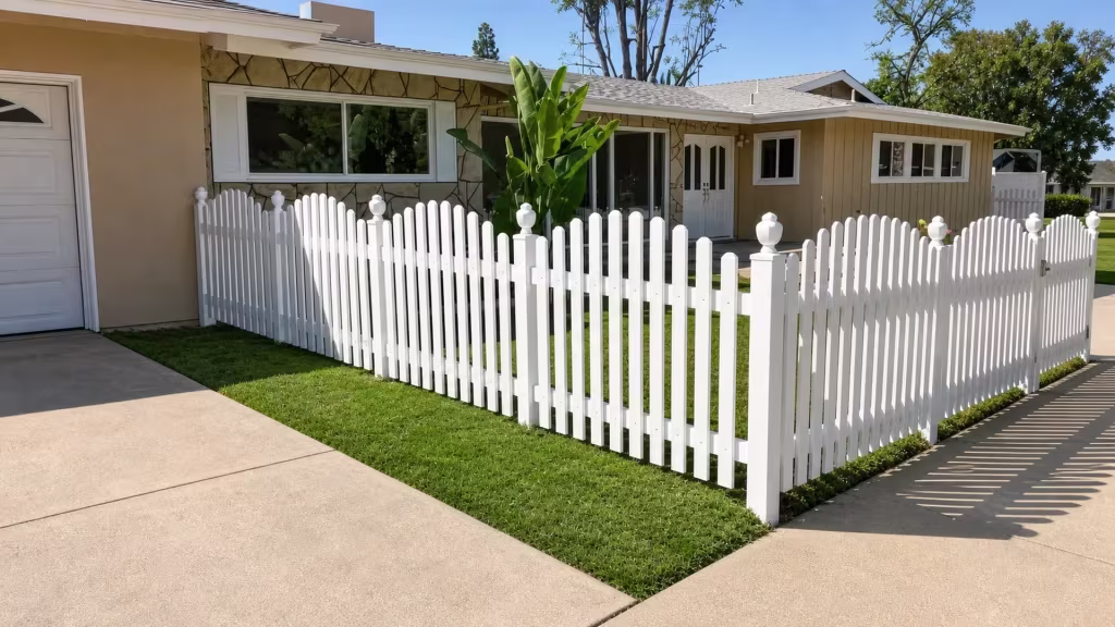 A gated section of White vinyl arched picket fence encloses a small front lawn by a stone veneer house