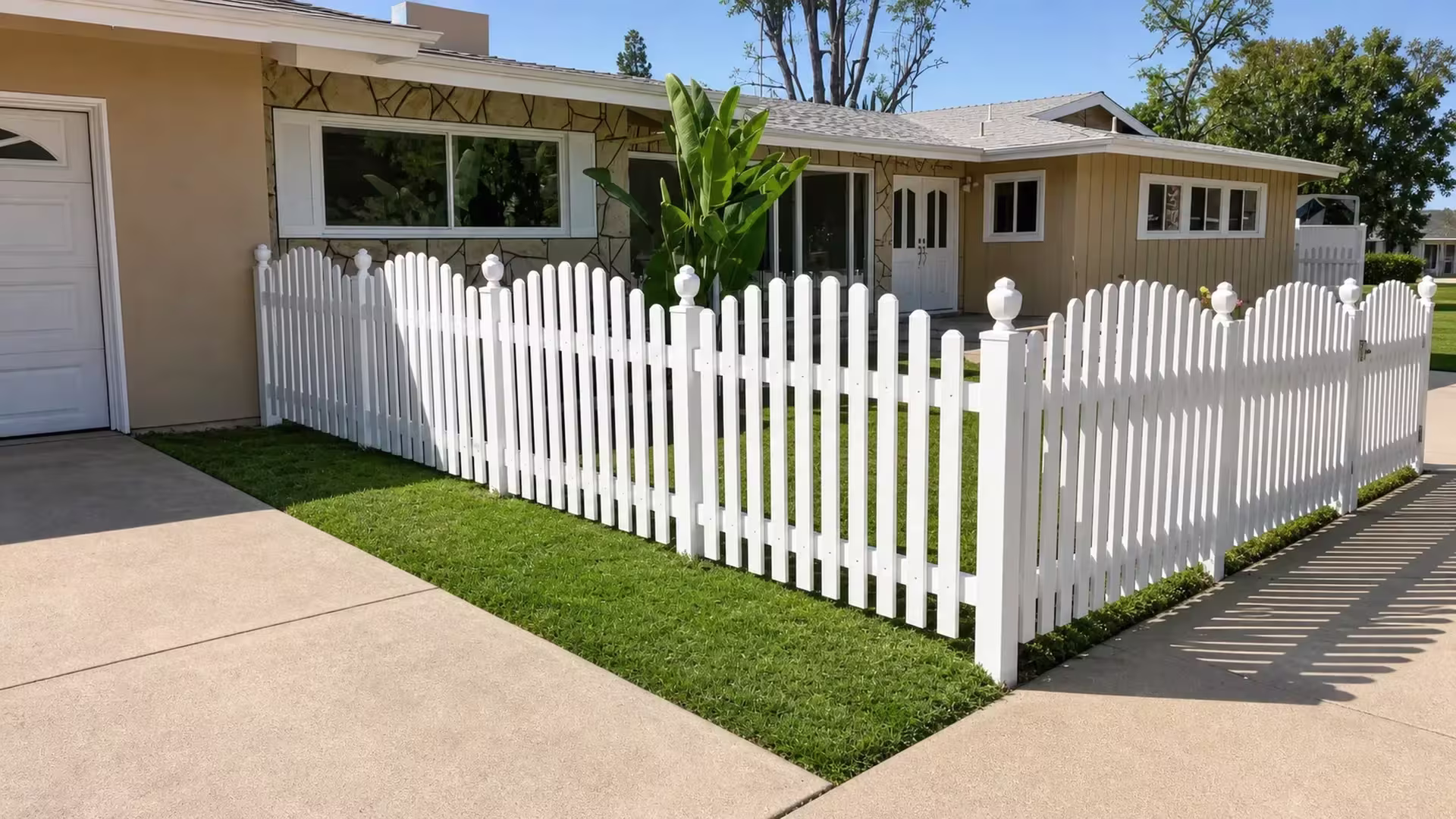 A gated section of White vinyl arched picket fence encloses a small front lawn by a stone veneer house