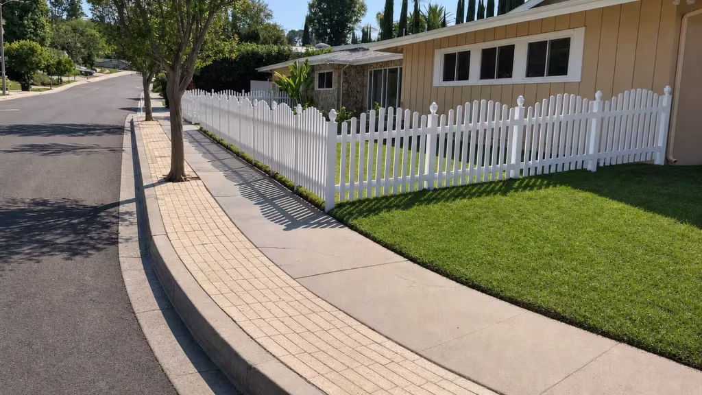 Following the slope of a sidewalk, White vinyl arched picket fence turns toward a tan stucco house