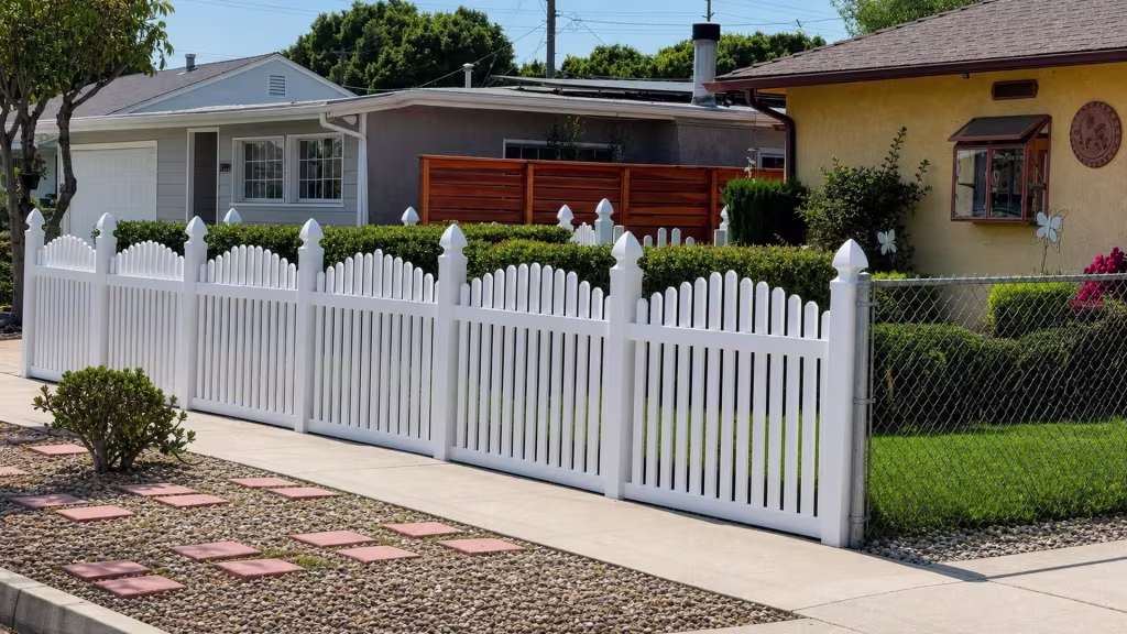 Galvanized chain link fencing picks up where White vinyl arched picket fence ends along the sidewalk