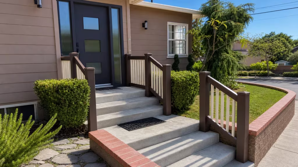 A stair railing of Cream vinyl fence pairs dark brown posts with the rise of the concrete steps