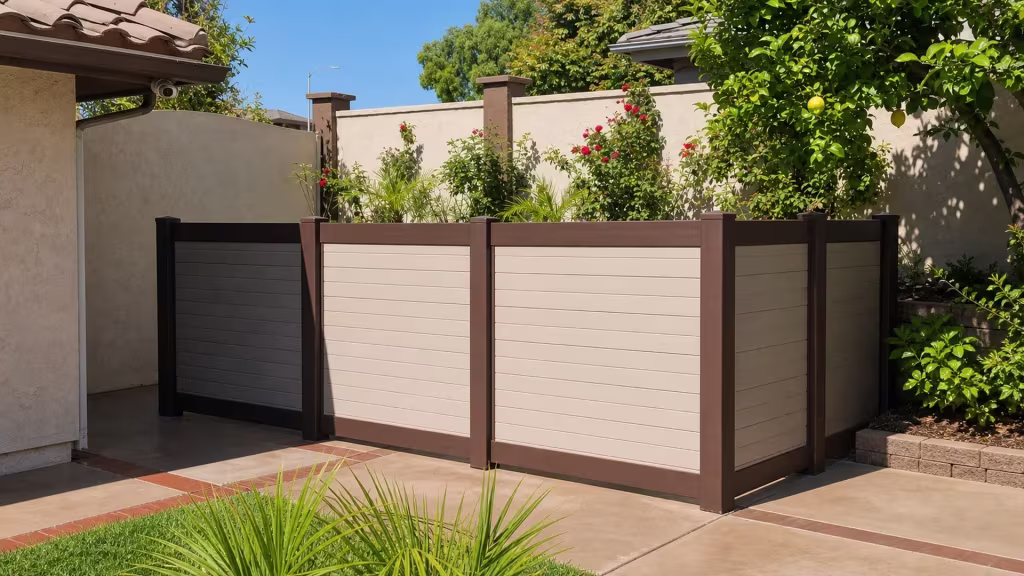 Wide Beige vinyl fence center bays sit between narrower dark brown outer bays on a shallow angled run