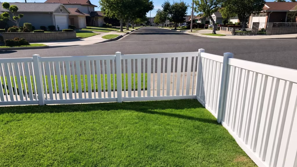 Narrow White vinyl fence pickets border a lawn corner near a residential street intersection
