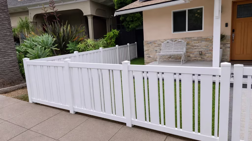 White vinyl fence turns around a front lawn past a porch column and a mature palm trunk