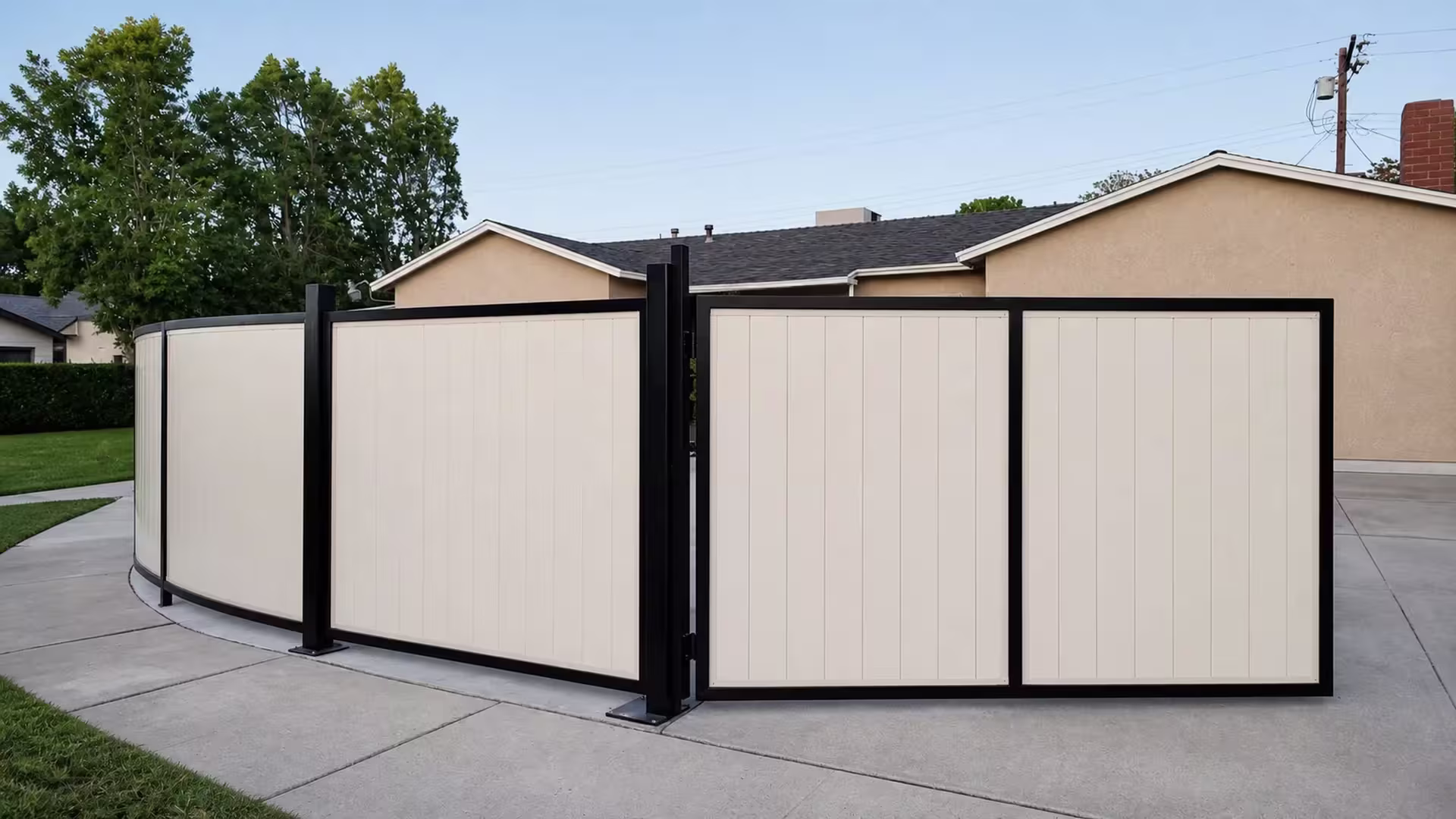 Cream vinyl custom fence framed in black, turning along a driveway curb near a stucco home