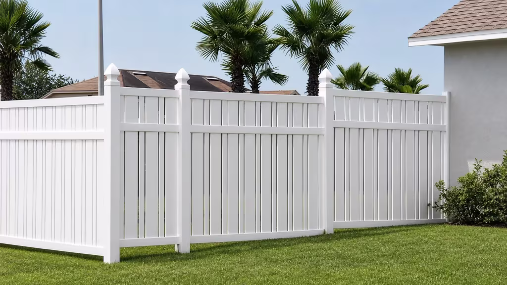 Four angled spans of White vinyl fence cross a palm-lined front lawn before ending beside the house