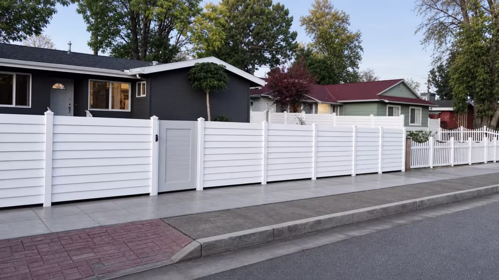 A narrow pedestrian gate with a dark latch sits between stacked horizontal panels of White vinyl fence