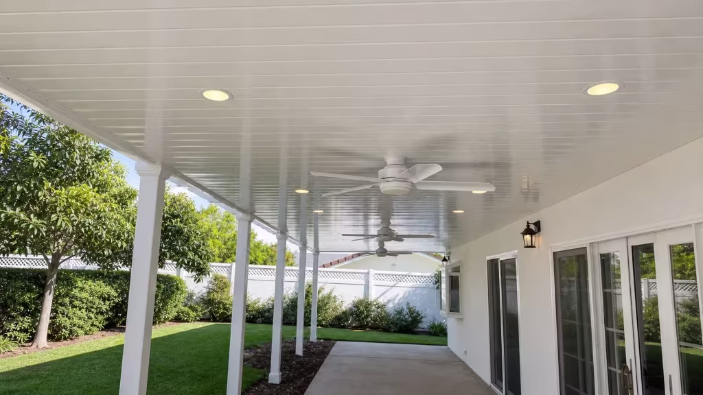 Running from the house wall across a lawn edge to a perimeter fence, this custom patio cover is built of White vinyl