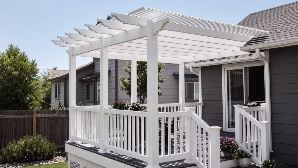 An open-lattice roof, custom fitted, tops this White vinyl patio cover integrated with a raised deck and picket guardrail