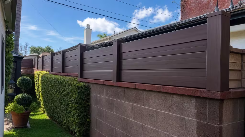 Dark Walnut custom vinyl wall topper stepping along a concrete block wall to a large terminal post