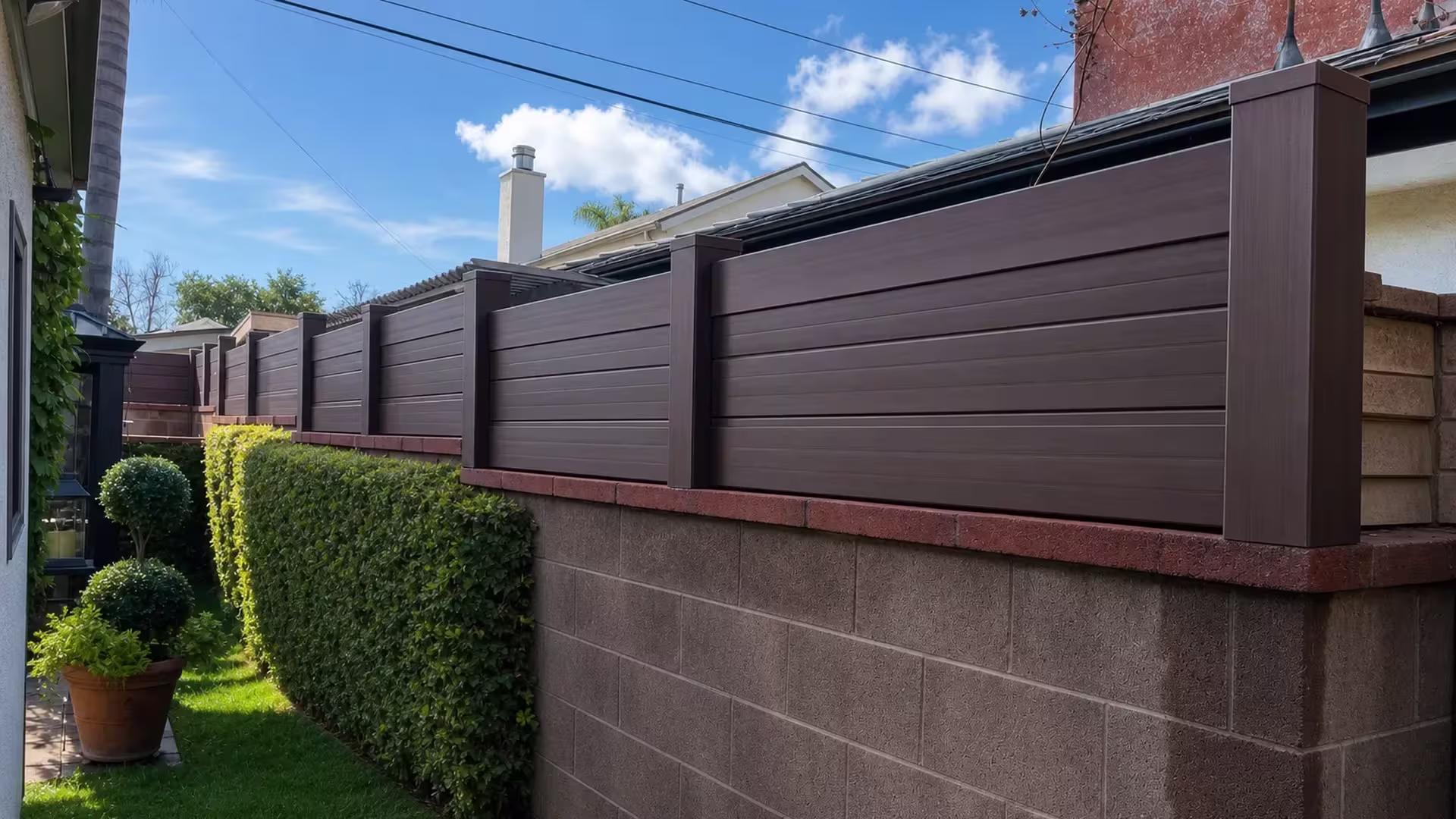 Dark Walnut custom vinyl wall topper stepping along a concrete block wall to a large terminal post