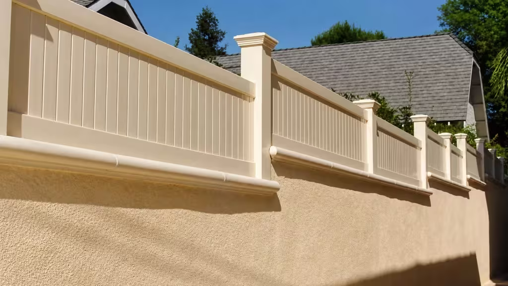 Tan custom vinyl wall topper spanning five panels along a stucco wall beneath palm foliage and rooflines