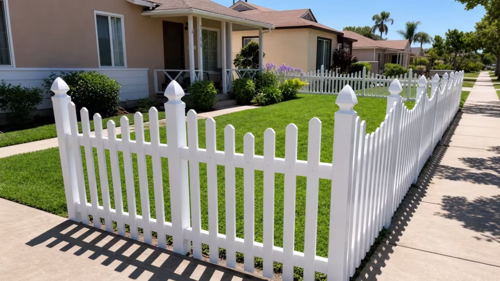 The White vinyl dog-ear fence encloses a front lawn below a tan house's porch