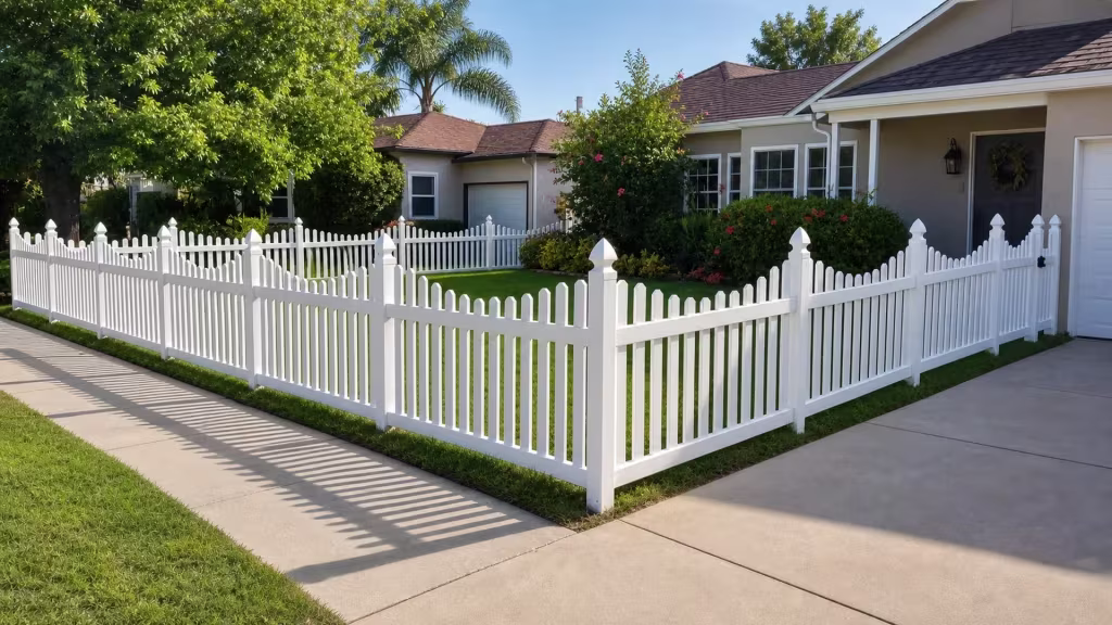 Two runs of White vinyl dog-ear fence meet at a square corner post in front of the house