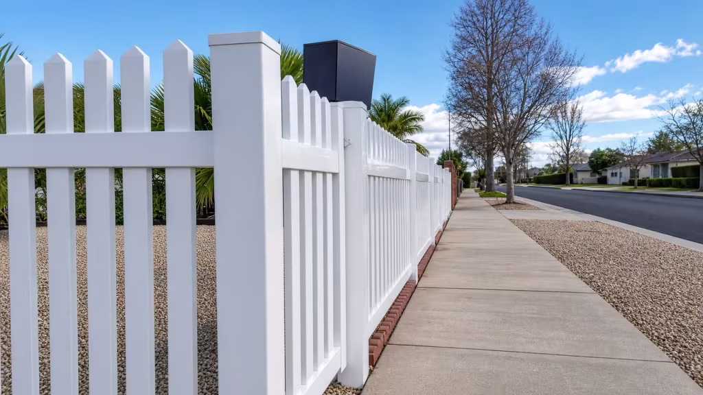 Red-brick edging and a gravel yard border the White vinyl dog-ear fence along the sidewalk
