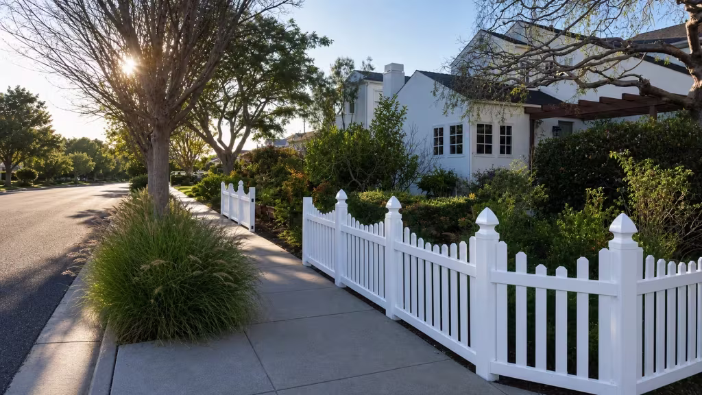 Five posts with tiered pyramid caps carry the White vinyl dog-ear fence around a corner